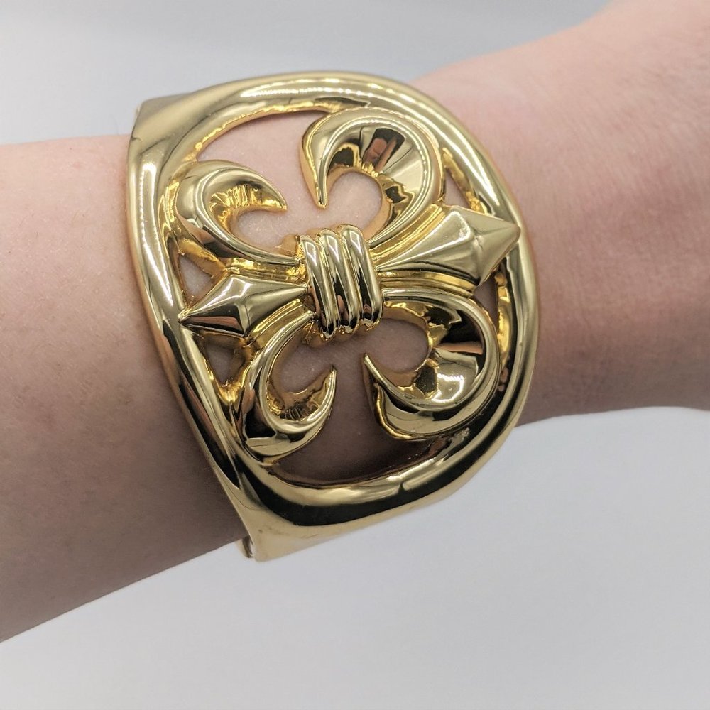 Gold Tone Fleur de Lis Hinged Statement Bracelet
